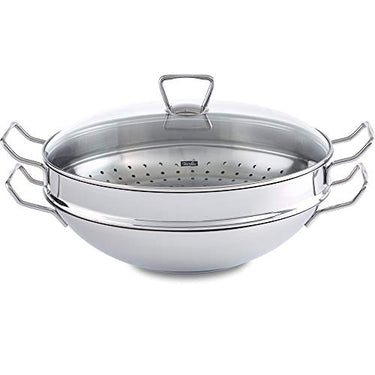 Fissler Nanjing / stainless steel wok (Ø cm) large uncoated wok pan, Asian pan with glass lid, including steamer insert, all stove types - including induction on sale